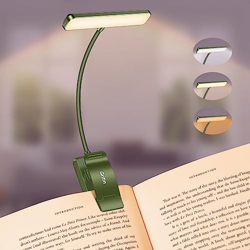 Gritin 19 LED Rechargeable Book Light for Reading in Bed | Eye Caring 3 Color Temps,Stepless Dimming Brightness,Memory Function,90 Hrs Runtime Lightweight Clip on Light-Dark Green - color: Dark Green