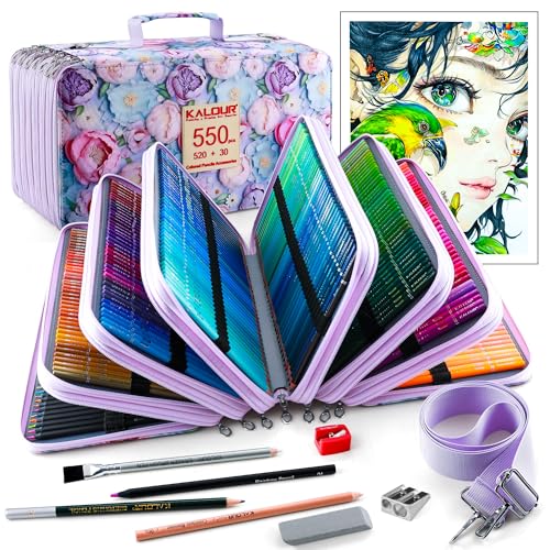 KALOUR PDAS Pro 550 Colored Pencils Set for Adults, Professional Colored Pencils for Artists, Soft Core Premium Coloring Pencils for Adult Coloring Books, Drawing, Sketching, Art Supplies with Case