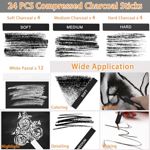 24 Pcs Compressed Charcoal Sticks with Soft, Medium, Hard and White Charcoal, Square Charcoal Stick Kit for Drawing, Sketching and Shading (12 Black and 12 White) - color: 12 Black + 12 White