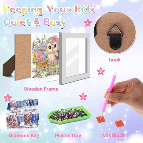 Ajepon Owl Diamond Art Kit for Kids, Ages 8-12, 7x7 Inch, Modern Style, Crystal Diamonds, Includes Canvas, Frame, Tools, Non-Foldable - color: CC193