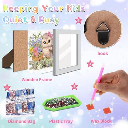 Ajepon Owl Diamond Art Kit for Kids, Ages 8-12, 7x7 Inch, Modern Style, Crystal Diamonds, Includes Canvas, Frame, Tools, Non-Foldable - color: CC193