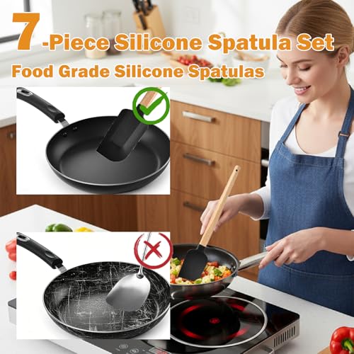 7 Piece Silicone Spatula Set, Food Grade Rubber Spatula Set with Wooden Handle, Heat Resistant Up to 600°F, Silicone Utensils Set for Baking, Cooking & Mixing, Jar, Non-Stick Kitchen Utensils(Black) - color: Black