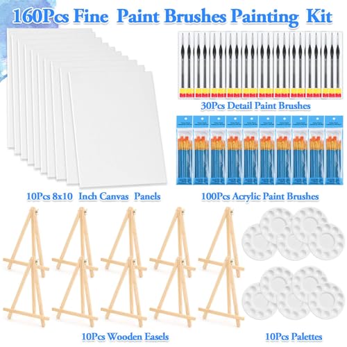 160 Pack Canvas with Easel Miniature Painting Kit with Wooden Easel and Blank Canvas Boards, Detail Paint Brushes Set for Adults Couples Paint Party Supplies, Paint and Sip Date Night Kits