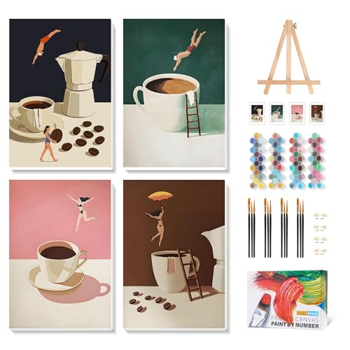 Camocin 4 Pack Framed Paint by Numbers Kit for Adults with Wooden Easel | Funny Coffee Artwork, DIY Canvas Painting Set, Kitchen Coffee Bar Decor, Minimalist Style, Beginner Friendly, 8x12 Inch - color: LBOP4PF03