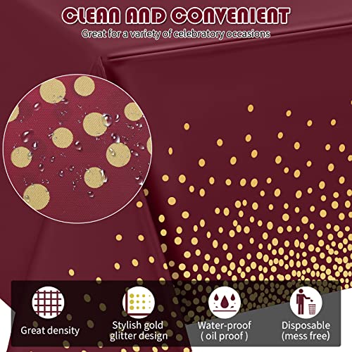 Tegeme 12 Pcs Maroon, Gold Plastic Tablecloths Burgundy Table Cloths Party - color: Wine Red, Gold