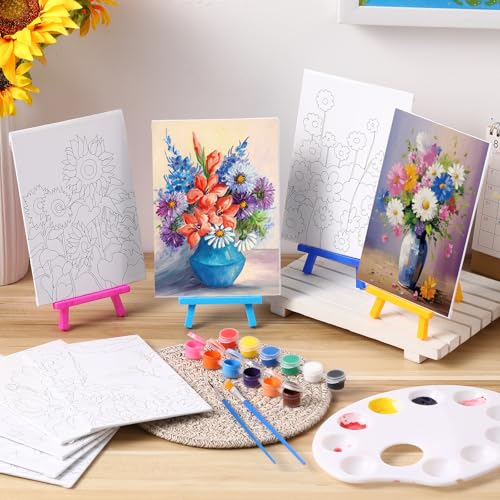 Blosssound 10 Set Pre Printed Canvas Pre Drawn Canvas Painting with Easel Kits 5" x 7" Outline Painting Panels for Beginners, DIY Craft Project, Party Favor, Home Decors(Flower) - style: Flower