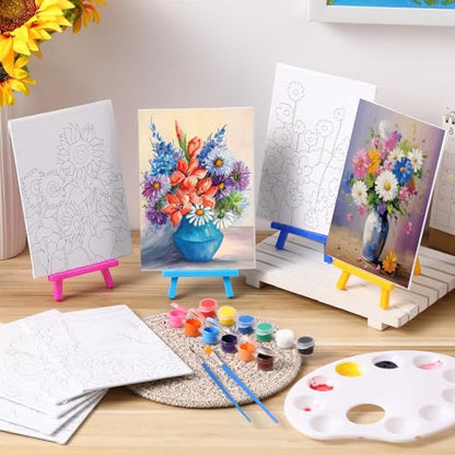 Blosssound 10 Set Pre Printed Canvas Pre Drawn Canvas Painting with Easel Kits 5" x 7" Outline Painting Panels for Beginners, DIY Craft Project, Party Favor, Home Decors(Flower) - style: Flower