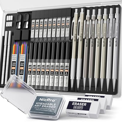 Nicpro 37PCS Art Mechanical Pencil Set, Metal Drafting Pencils 0.5 mm, 0.7 mm, 0.9 mm & 2mm Lead Pencil Holder (6B 4B 2B HB 2H 4H Colors) For Sketching Drawing With 20 Tube Lead Refills Eraser Case - style: 8 Pack （0.5mm & 0.7mm & 0.9mm & 2.0mm）