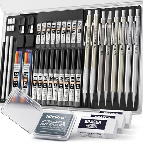 Nicpro 37PCS Art Mechanical Pencil Set, Metal Drafting Pencils 0.5 mm, 0.7 mm, 0.9 mm & 2mm Lead Pencil Holder (6B 4B 2B HB 2H 4H Colors) For Sketching Drawing With 20 Tube Lead Refills Eraser Case - style: 8 Pack （0.5mm & 0.7mm & 0.9mm & 2.0mm）