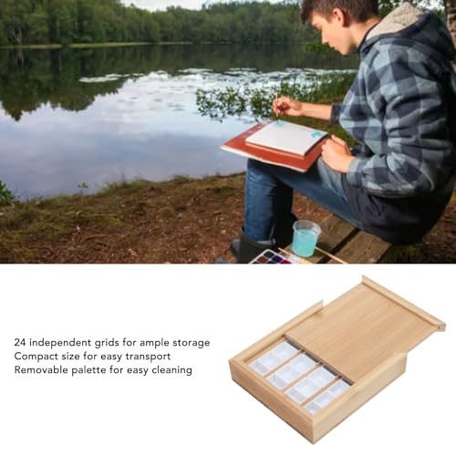 24 Wells Watercolor Palette with Lid, Bamboo Wood Mixing Tray for Travel, Outdoor Sketching and Painting