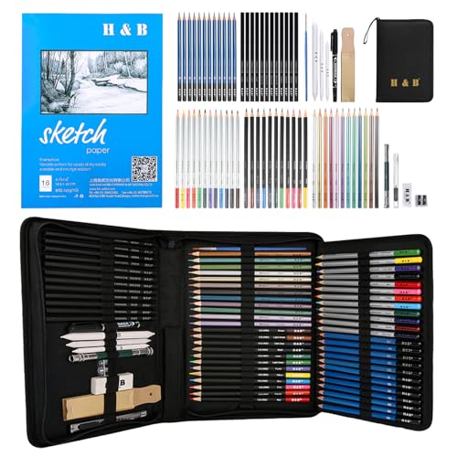 H & B 72PCS Drawing Supplies, Sketching Art Kit with A5 Sketchbook - Includes Graphite, Charcoal, Watercolor Pencils for Adults, Teens, Beginners & Kids