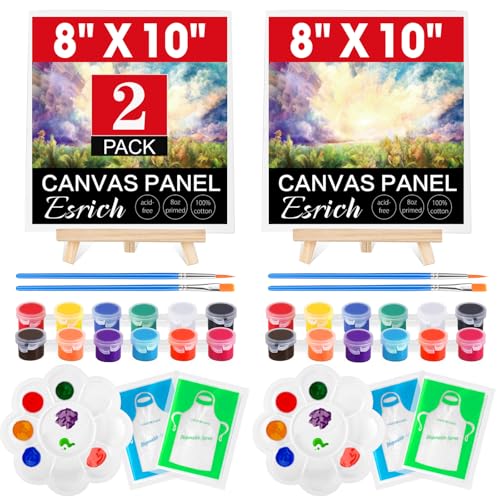 ESRICH 2 Pack 8x10 Canvas and Easel Set, Mini Acrylic Paint, Paint Brushes, Palettes, Aprons, Sip and Paint Kits for Adults Couples Friends Date Night Painting Party Supplies