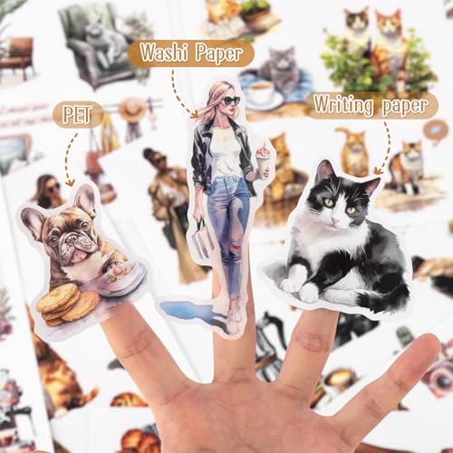 Dizdkizd Coffee and Pet Journaling Stickers for Women, 184 Die Cuts PET and Paper Scrapbook Sticker Kit, Cute Cats and Girl Sticker for Bullet Journals, Planners, Collage - color: Coffee
