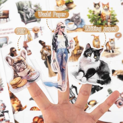 Dizdkizd Coffee and Pet Journaling Stickers for Women, 184 Die Cuts PET and Paper Scrapbook Sticker Kit, Cute Cats and Girl Sticker for Bullet Journals, Planners, Collage - color: Coffee