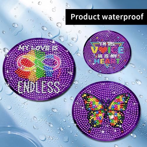 8 Pcs Diamond Art Painting Coasters with Holder, DIY Autism Awareness Diamond Art Coasters for Drinks Diamond Art Painting Kits for Beginners, Diamond Kits Craft Supplies for Adults - color: Purple Style