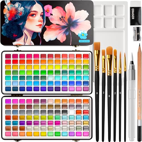 ARTISTRO Deluxe Watercolor Paint Set with Palette & Brush Pens - 168 Colors | Travel Watercolor Paint Set, Portable Painting Kit for Adults, Artists & Kids, Professional Watercolor Supplies - style: 168 colors Portable Travel
