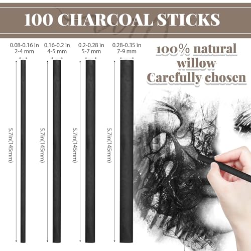 Gueevin 100 Pcs Soft Willow Charcoal Sticks Drawing,2-4mm,4-5mm,5-7mm,7-9mm | For Artists Beginners Students, Vine Charcoal Bulk for Sketching Shading Fine Art, Assorted Sizes, Back to School Gifts - size: 2-4mm,4-5mm,5-7mm,7-9mm