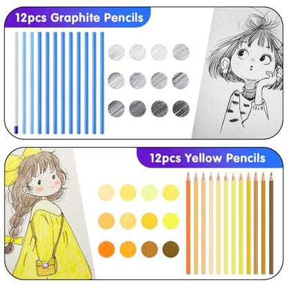 Professional Drawing Set,12 Colored Pencils,12 Graphite Pencils,Eraser,Case - color: Set-Yellow
