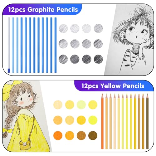 Professional Drawing Set,12 Colored Pencils,12 Graphite Pencils,Eraser,Case - color: Set-Yellow