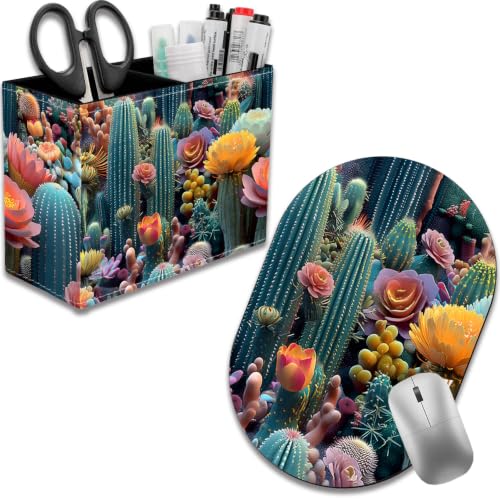Pen Holder for Desk, PU Leather Multifunctional Desktop Storage Box and Anti-Slip Mouse Pad Set, Makeup Brush Holder Pen Organizer for Office and Home - Colorful Desert Cactus - color: Colorful Desert Cactus