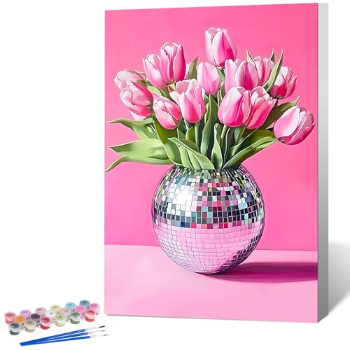 Framed Paint by Numbers Kit for Adults, Disco Ball & Flower Decor 8x12 Inch | Paint by Number with Frame, DIY Acrylic Painting Kit for Relaxation, Easy for Beginners, Wall Decor Gift for Tulip Lovers - color: OPFUS2512-01