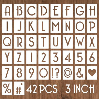 YEAJON 3 Inch Letter Stencils and Numbers, 42 Pcs Alphabet Drawing Stencils, Reusable Plastic Craft Templates for Painting on Wood, Wall, Fabric, Rock, Signage - size: 3 Inch