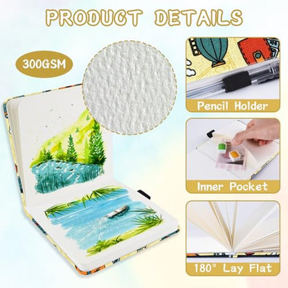 5x5" Watercolor Sketchbook,Mixed Media Pad,Travel Portable Drawing Journal | 140LB/300gsm 20Sheets/40Pages Watercolor Paper,Cold Press,Cloth Fabric Hardcover,Sewing Binding,Lay-Flat.Travel - color: 300gsm-Travel