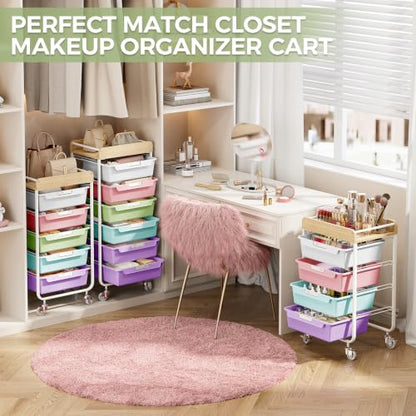 SYKIARIOL Utility Cart with 5 Labeling Drawers and Wooden Tabletop - color: Ice Cream, size: 5-Drawer