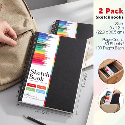 9 x 12 Sketch Book, 2-Pack, 50 Sheets Each, Top Spiral Bound | 100Gsm Perforated Sketch Paper For Pencil, Charcoal, Pen And Pastel; Easy Tear-Out Pages For School, Travel And Practice - size: 9x12