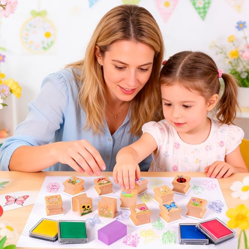 HOWAF 12pcs Spring Wooden Stamps, Hello Spring DIY Craft Rubber Stamps, Animal Daisy Flower Inking Stamp Pads Set, Butterfly Stamp Sunflower Inking Pads for Summer Party Supplies