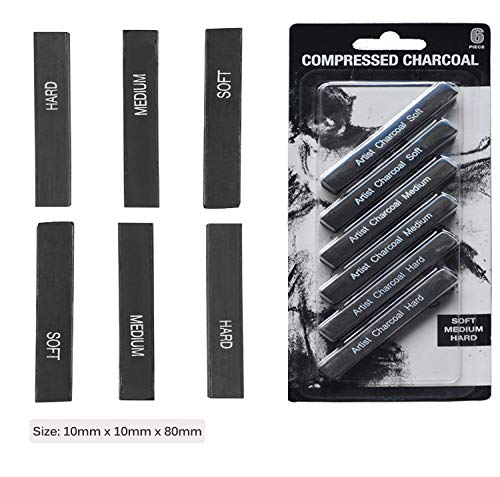 Artist Compressed Charcoal Stick Assorted Soft Medium Hard Artist Charcoal Medium for Drawing Sketching Shading, Art Supplies Sketch Kits Tools Pack of 6
