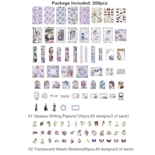 Esweny 200PCS Vintage Scrapbooking Supplies Pack, Aesthetic Scrapbook Sticker Paper Art Journaling Kit for Junk Journals,Planner,Cottagecore Decor Gifts (Purple Series) - color: Purple Series