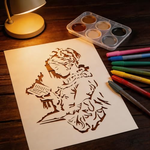 TIAMECH A4 Reusable Vintage Reading Girl Stencil for Painting | Studying Woman Book Layering Template, DIY Wall Art, Wood Furniture, Scrapbook & Crafts (8.3x11.7inch) - style: Vintage Reading Girl