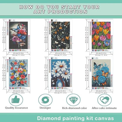 DOTZSO 6PCS Flowers Diamond Painting Art Kits for Adults Beginner 12x16 in | 5D Full Drill Resin, Flowers Pattern, Fits All Ages, Leisure Craft, Stress Relief, Wall/Shelf Display, All-Occasion Gift - color: AF Flowers Butterfly