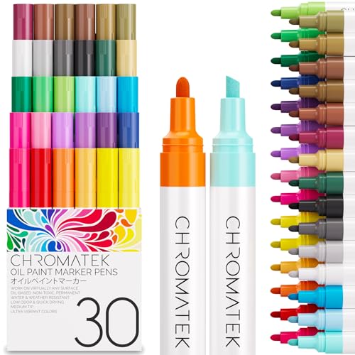 CHROMATEK Dual Tip Oil Based Paint Markers - 30 Colors Permanent Paint Pens for Rock Painting, Canvas, Glass, Wood, Stone & DIY Art Supplies - Quick Drying Waterproof Pen with Video Tutorials & Ebook - color: 30 Oil Markers