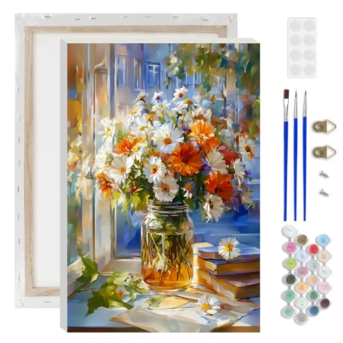 Lxmsja Daisy Bouquet Paint by Numbers Kit for Adults, Sunny Windowsill Acrylic Paint by Numbers for Adults Beginner, DIY Craft Supplies Oil Painting Kits for Home Wall Decor 8x12 inch (Framed) - color: white#107