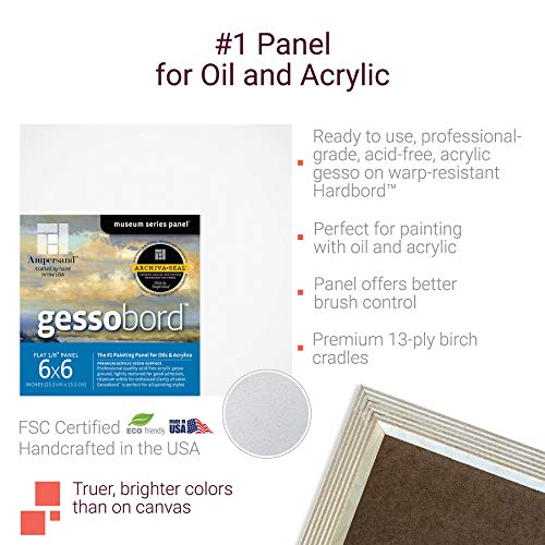 Ampersand Gessobord for Acrylic, Oil and Mixed Media, 1/8 Inch Depth, 6X6 Inch, Pack of 4 (GBS066) - size: 6" x 6" Pack of 3