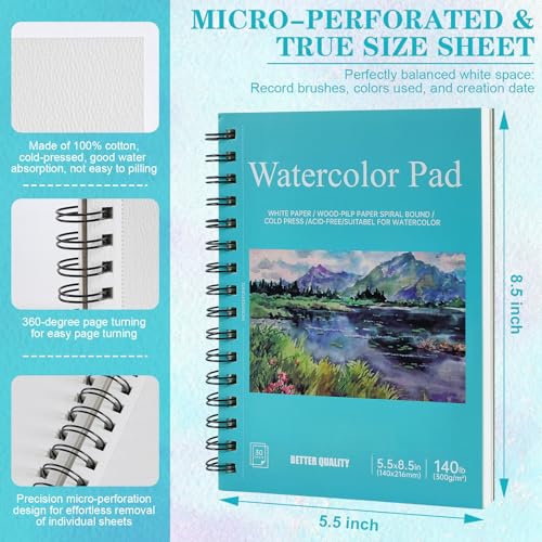 3 Pack 90 Sheet Watercolor Paper Pad 5.5“ x 8.5”, 140lb/300 GSM Cotton Cold Press Spiral Bound Pad Watercolor Sketchbook for Adults, Mixed Media,Markers, Art Painting, Journal - color: Scenery