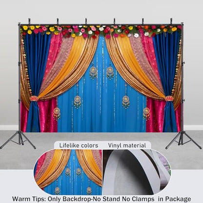 Yeele 5x4ft India Pooja Backdrop Diwali Marigold Blue Curtain Background for Photography Indian Ganpati Puja Traditional Wedding Festival Party Decoration Photo Booth Props - size: 5x4ft