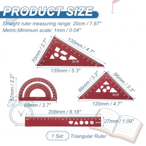 HARFINGTON 4pcs Triangular Ruler Set 20cm Aluminum Alloy Straight Geometric Protractor Triangle Engineering Scale Drafting Ruler Kit Measuring Drawing Tool for Classroom Office Home, Red - color: Red