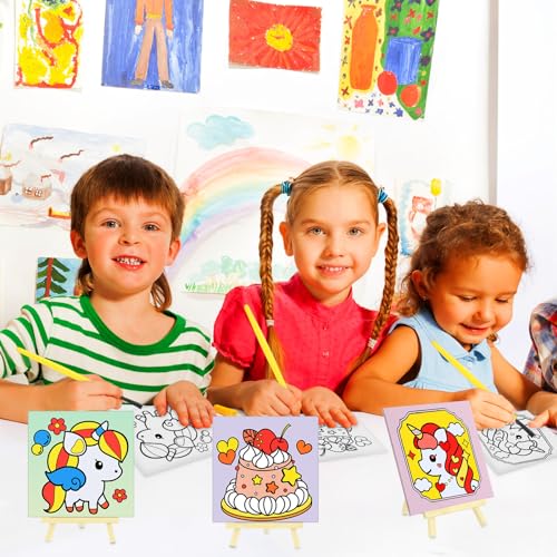 Tenceur 48 Pcs Kids Paint Party Favors Sets with 12 Pcs Unicorn Girl Cake Pre Drawn Canvas Panel and Wooden Easel Set Paint Pots and Brushes 12 Mini Apron and Tote Bag for Kids Girls Student Boys - style: Unicorn
