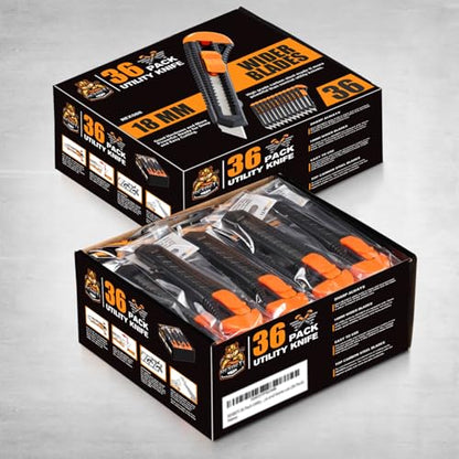 REXBETI 36-Pack Box Cutters, Retractable Utility Knife, 18mm Wide Blade | Razor Sharp Snap-Off Blade, Smooth Sliding Mechanism, Durable Cutter Knife for Cartons, Cardboard, Boxes, Office and Home - style: 36 Pack