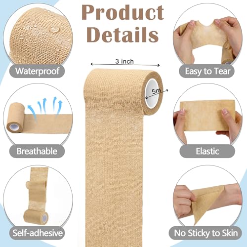 Treela 64 Pack 2" X 5 Yards Self Adhesive Bandage Wrap Beige | Cohesive Flexible Wrap for Wrist Ankle Fingers, Breathable Sports Tape, Self Adherent Rolls for Pets Vet, Coban Style - color: Beige, size: 3 Inch X 5 Yard