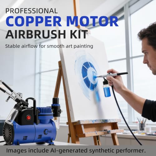 1/5HP Airbrush Kit with Compressor, Dual Air Brush Set with Paints | 12 Acrylic Paint Colors, 6 Siphon Bottles, Cleaning Tools and Mixing Wheel for Art, Craft, Model, Auto and T-Shirt Painting
