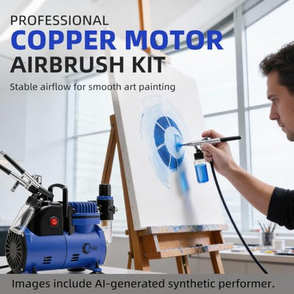 1/5HP Airbrush Kit with Compressor, Dual Air Brush Set with Paints | 12 Acrylic Paint Colors, 6 Siphon Bottles, Cleaning Tools and Mixing Wheel for Art, Craft, Model, Auto and T-Shirt Painting