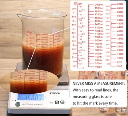 High Borosilicate Glass Measuring Cup-V-Shaped Spout，Glass Measuring Beaker for Kitchen or Restaurant, Easy to Read, 2000 ML (64 Oz, 8Cup) - size: 2000ML(64OZ)