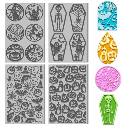 4PCS Halloween Polymer Clay Texture Sheets Set for Using with Clay Cutters, Pumpkins Clay Texture Mats, Jewelry Making DIY Halloween Craft Tools - style: Halloween Theme-4pcs