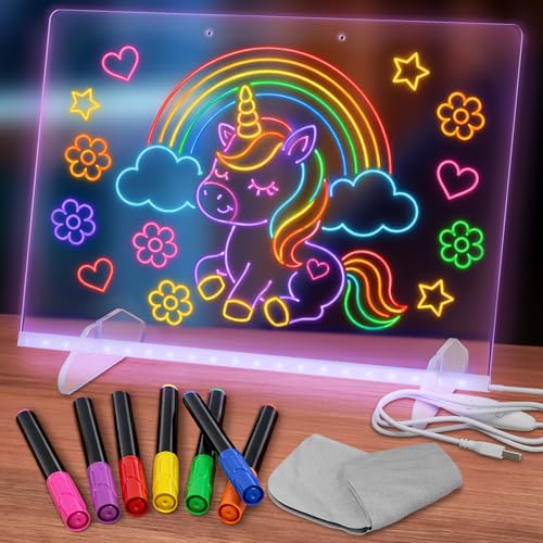 LED Drawing Board with 7 Colors & 4 Light Modes, Non-Rechargeable - 17 Inch Acrylic LED Note Board with Colors Markers for Notes, Doodles & Desk Decor - Dimmable, Wall or Desk Mount, Birthday Gift Set - style: Clear