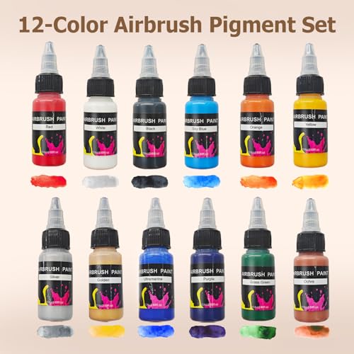Colima Airbrush Kit, 27PSI Air Brush Gun Set with Air Compressor & 12 Paint - color: 27psi airbrush kit with 12pc paint