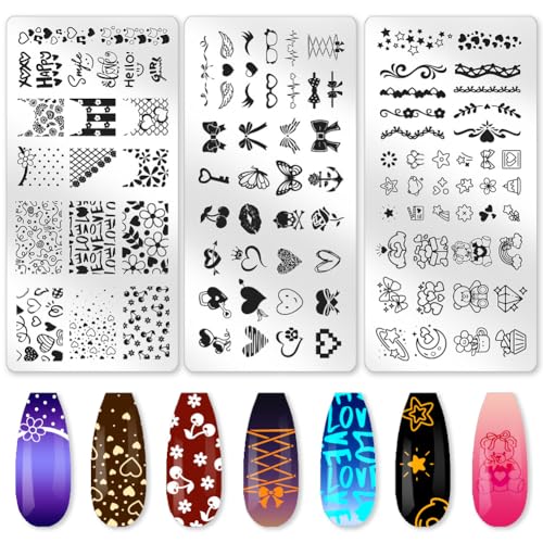3Pcs Girly Elements Nail Stamping Plate Set Heart Bowknot Nail Stamp Templates French Line Tip Nail Stamp Plates Lovely Metal Reusable Tools with Stamper Scraper for Manicure Printing - style: Girly Style